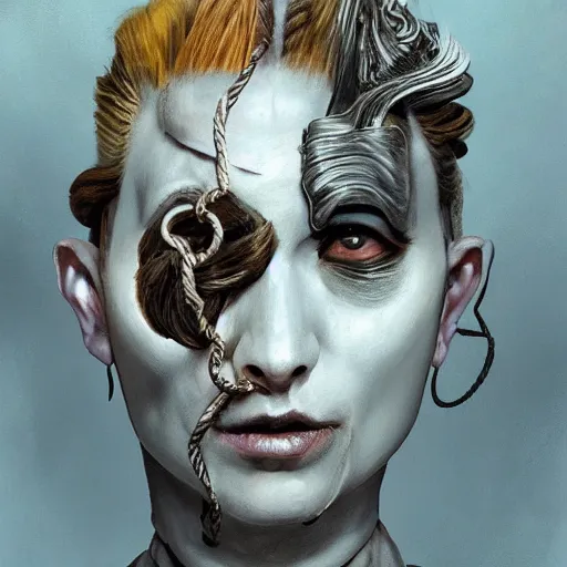 Image similar to portrait of a Shibari rope wrapped face and neck, headshot, insanely nice professional hair style, dramatic hair color, digital painting, of a old 17th century, old cyborg merchant, amber jewels, baroque, ornate clothing, scifi, realistic, hyperdetailed, chiaroscuro, concept art, art by Franz Hals and Jon Foster and Ayami Kojima and Amano and Karol Bak,