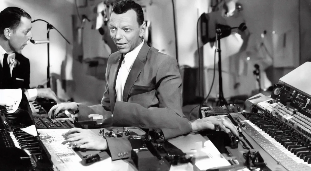 Prompt: frank sinatra playing osu! videogame with mechanical computer RGB keyboard and graphic tablet