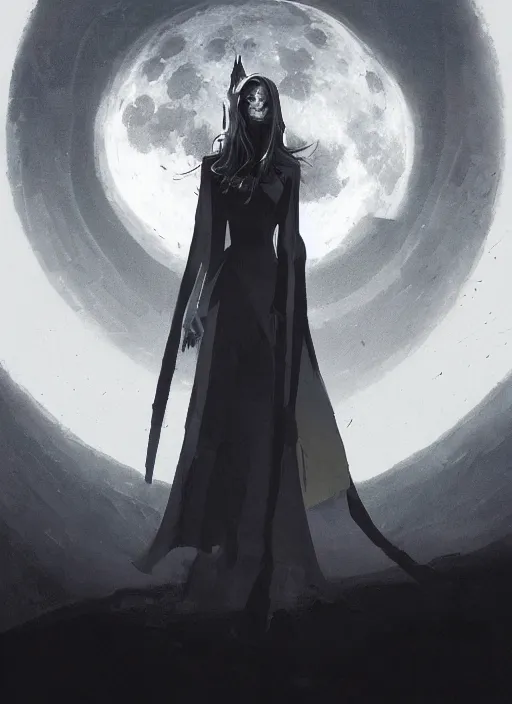 Prompt: at the top of the composition is a symmetrical centered portrait of Anna Millerstone as a Dark evil witch, big moon in the background, at the bottom of the composition is grey space, dramatic lighting, book cover illustration by Greg rutkowski, yoji shinkawa, 4k, digital art, concept art, trending on artstation, golden silver elements, empty grey space at the top, flower elements