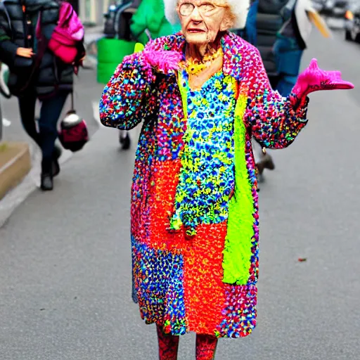 Image similar to an elderly woman dressed in extremely colorful clothes with many strange patterns