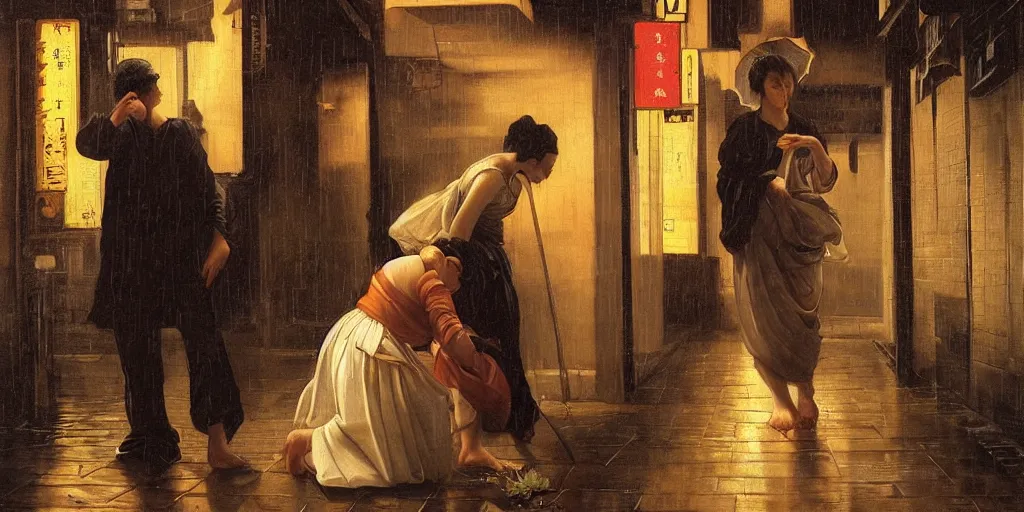 Prompt: beautiful oil matte portrait painting, man offering a flower to a woman in a tokyo alley at night, raining, wonderful masterpiece highly detailed, beautiful cinematic light deep focus, elegant, digital painting, smooth, sharp focus, golden ratio, dramatic illumination, ultra realistic, 8 k, art by artemisia lomi gentileschi and caravaggio