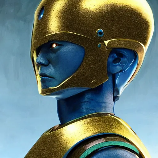 Image similar to a humanoid robot, with blue skin, green metallic joints exposed, golden armour moulded onto its torso. it's head is smooth, with circular eyes that glow. fantasy painting by greg rutkowski