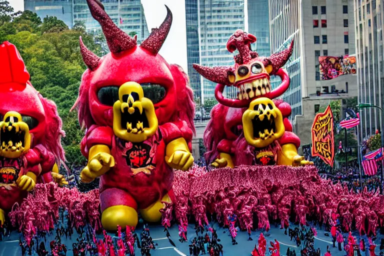 Image similar to photo of giant cute elaborate parade with float characters designed by ( ( ( ( ( ( ( ( death metal bands ) ) ) ) ) ) ) ) and gwar and heavy metal!!!!!!!!!!!!!!, in the macys parade, detailed 4 k photo,