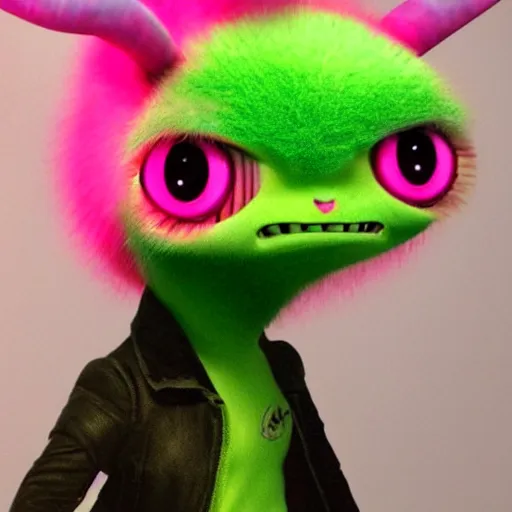 Image similar to cute fluffy demon from pixar, pink, huge green piercing eyes, electricity around,