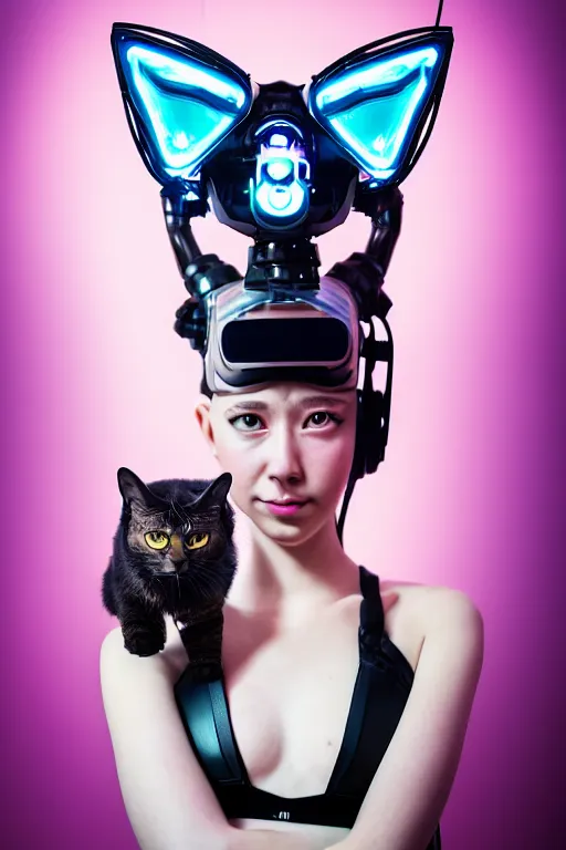 Image similar to cybernetic high tech catgirl with a cybercat on her head, sci - fi, cyberpunk, futurism, exoskeleton, strong artificial intelligence, symmetry, cinematic, elegant, luxury, professional studio light, perfect composition, dlsr photography, sharp focus, 8 k, ultra hd, sense of awe, highly detailed, hyper realistic, intricate, science journal cover