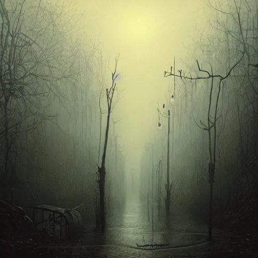 Prompt: flooded overgrown victorian london alley, highly detailed, eldritch, ominous, dawn, chilly dark mood, by beksinski and stalenhag