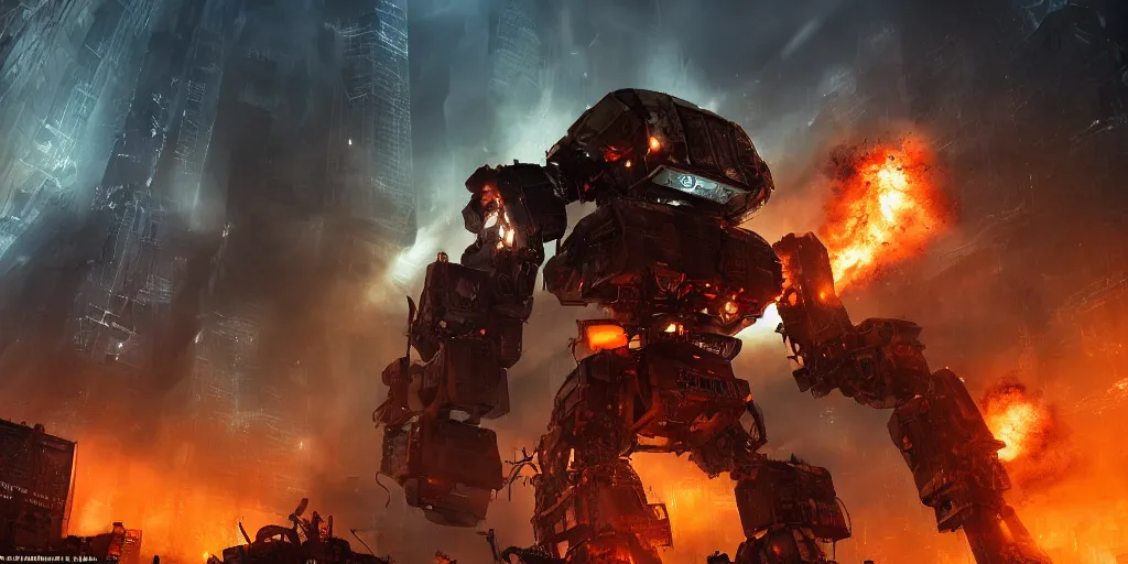 Prompt: beaten-up giant robot in a technological megastructure, dramatic lighting, explosions, debris, smoke, apocalyptic scene, cinematic photography