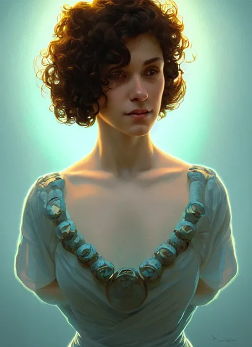 Image similar to symmetry!! portrait of a woman with short curly hair, round face, cottagecore!!, cyan glowing lights!! intricate, elegant, highly detailed, digital painting, artstation, concept art, smooth, sharp focus, illustration, art by artgerm and greg rutkowski and alphonse mucha