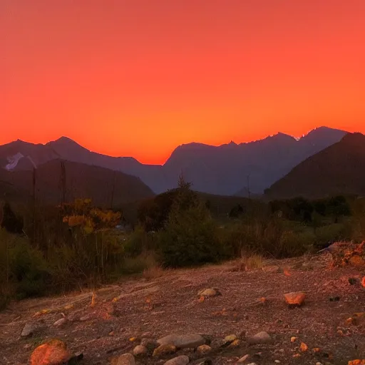 Prompt: the sun setting behind the mountains as the sky turns a deep red and orange, with the stars just beginning to come out