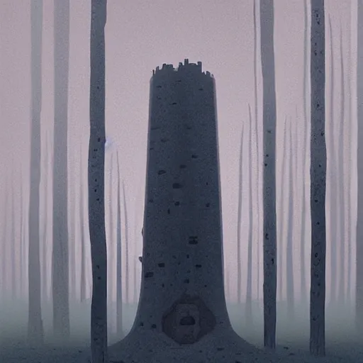 Image similar to Monumental old ruins tower of a dark misty forest, overcast, sci-fi digital painting by Simon Stålenhag