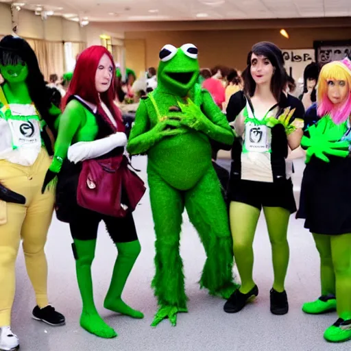 Image similar to kermit the frog cosplayers at a cosplay meet up in a anime convention