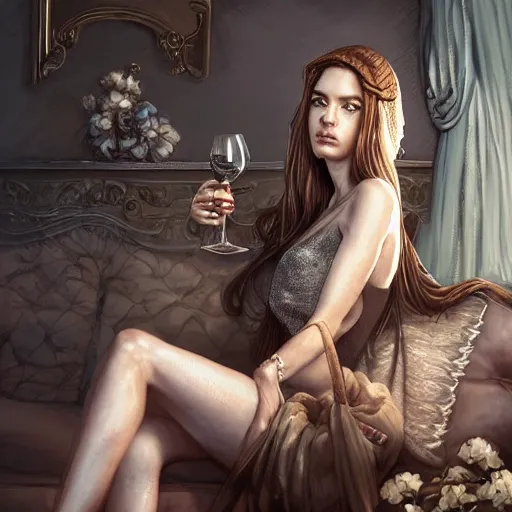 Prompt: an insanely detailed portrait of a beautiful woman facing you, highly detailed features, dark brown eyes, long eyelashes, she is biting her bottom lip and sitting on a large sofa, she holds a glass of wine, in the style of peter mohrbacher, artgerm, dramatic lighting and composition, octane render, trending on artstation, concept art 8 k