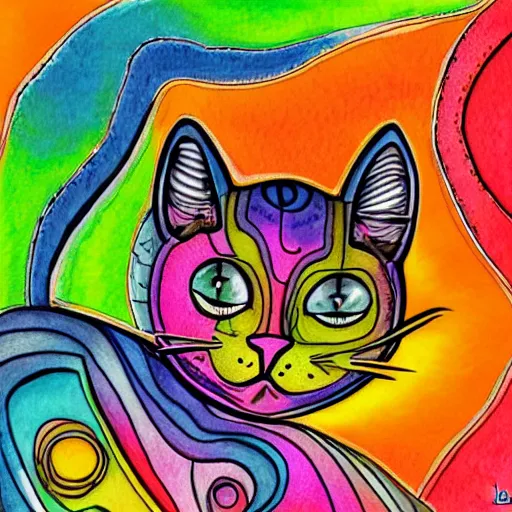 Prompt: A cat drawn by hr giger, by lisa frank, rainbow, pastel, colorful, digital art, watercolor