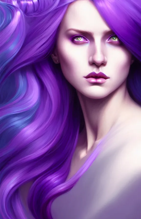 Image similar to Purple hair relistic Portrait of a woman with bright colored flying hair, all shades of purple. Hair coloring, long hair, blue eyes, fantasy, intricate, elegant, highly detailed, digital painting, artstation, concept art, smooth, sharp focus, illustration, art by artgerm and greg rutkowski and alphonse mucha