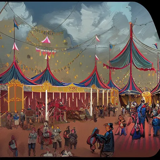 Prompt: a painting of a circus in the gilded age, illustration, painted by cristopher rush, josan gonzalez