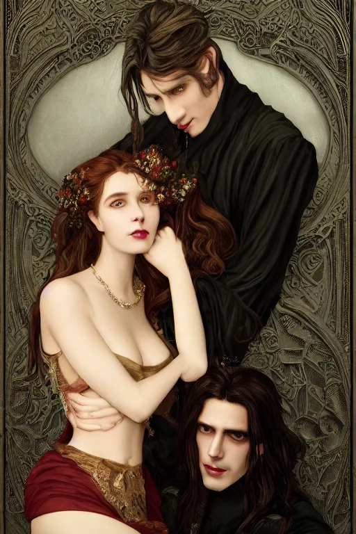 Image similar to romance Bookcover, a portrait of handsome young male vampire with long hair and his elegant beautiful dark bohemian wife, bored, illustration, dramatic lighting, soft details, painting oil on canvas, art nouveau, octane render, HDR, 4k, 8k, HD, by Edmund Blair Leighton, Brom, Charlie Bowater, trending on artstation, faces by Tom Bagshaw, Sargent