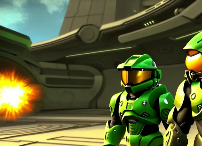 Image similar to marioand masterchief!!!!!!! in 3 d video game screenshot!!! from the new master chief video game mario halo master chief