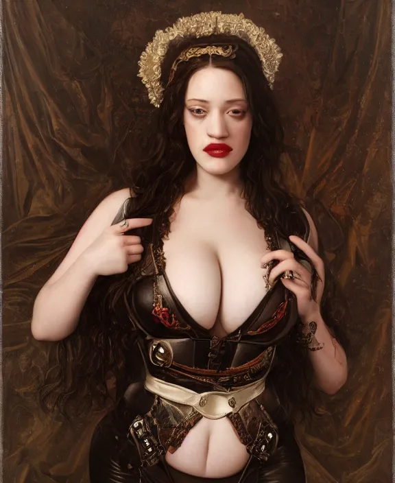 Image similar to a detailed hyperrealistic renaissance demon kat dennings wearing an a intricate beautiful thick leather garters set, honey birdette, realistic renaissance portrait, highly detailed, digital painting, artstation, concept art, smooth, sharp focus, cinematic lighting, art by artgerm and wlop and jules joseph lefebvre and john maler collier, ilya kuvshinov