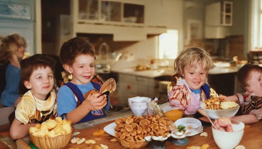 Prompt: 1 9 9 0 s candid 3 5 mm photo of a beautiful day in the family kitchen, cinematic lighting, cinematic look, golden hour, a real tiger is forcing the children to eat cereal, uhd