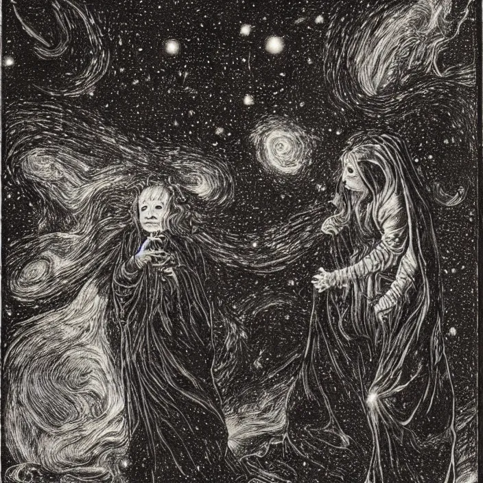 Prompt: a goblin monster and a woman in a black cloak, in a nebula, by Robert Campin