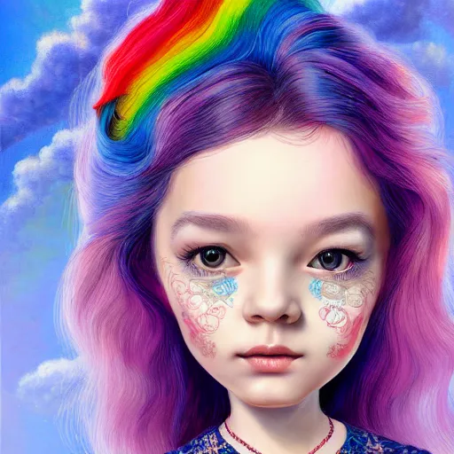 Prompt: an intelligent beautiful young girl with rainbow hair looking at the camera, she has a cute face, intricate, elegant, highly detailed, digital painting, artstation, concept art, smooth, sharp focus, illustration, art by mark ryden and lucian freud 3 d 8 k ultra detailed