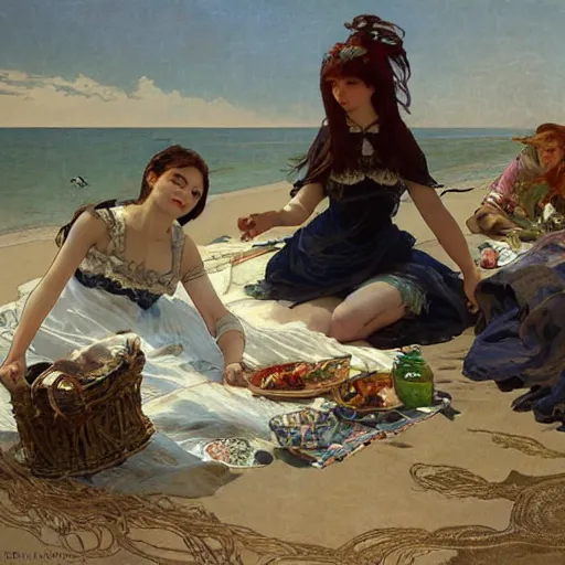 Prompt: a picnic on the beach by by tsuyoshi nagano, greg rutkowski, alphonse mucha