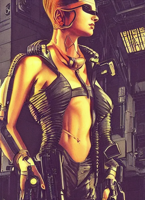 Prompt: menacing cyberpunk mercenary in tactical harbess and jumpsuit. dystopian. portrait by stonehouse and mœbius and will eisner and gil elvgren and pixar. realistic proportions. cyberpunk 2 0 7 7, apex, blade runner 2 0 4 9 concept art. cel shading. attractive face. thick lines.