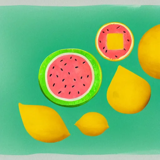 Image similar to retro, hd illustration of watermelons, crocs, big yellow lemons, mint leaves, ice cubes, inspired by watercolor masterpieces, matisse, malevich, david hockney, keith haring, colorful, happy, trending on artstation, 4 k