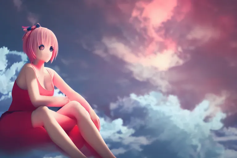 Image similar to a cute anime girl sitting on a cloud relaxing, red lighting, mist, blender render,