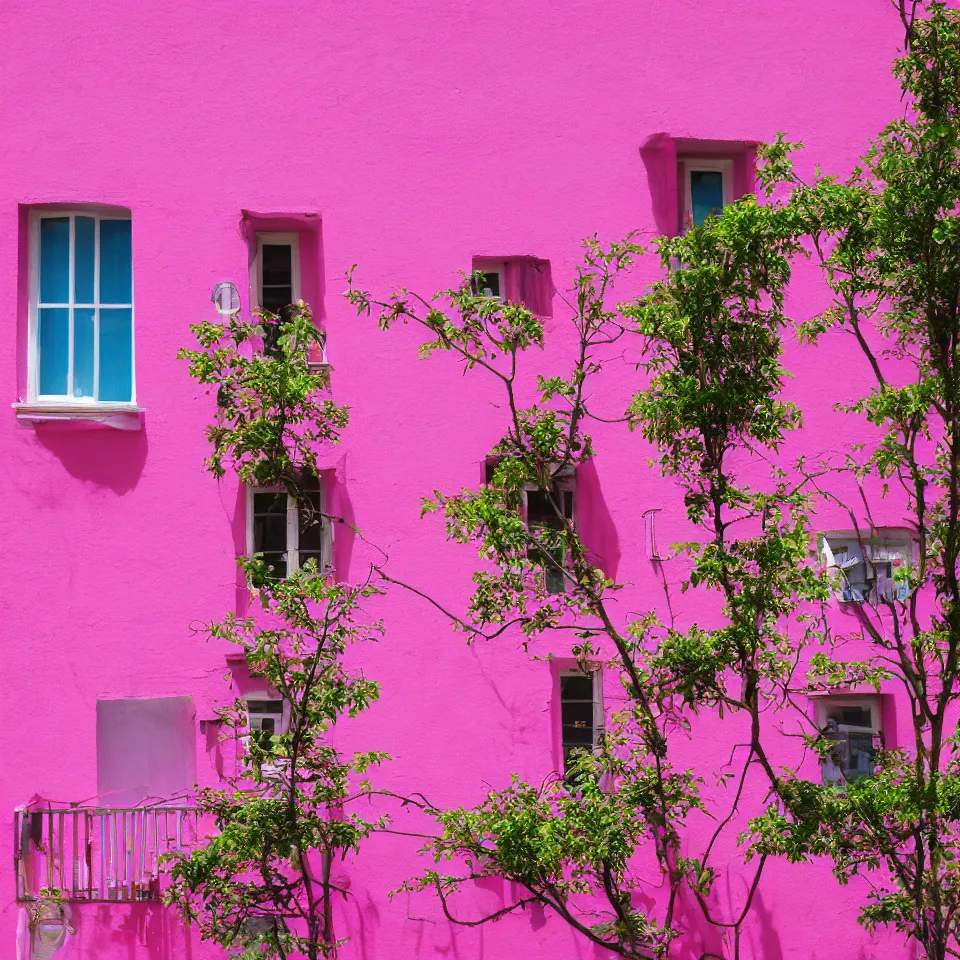 Prompt: Photograph of a magenta pink house, sunny weather