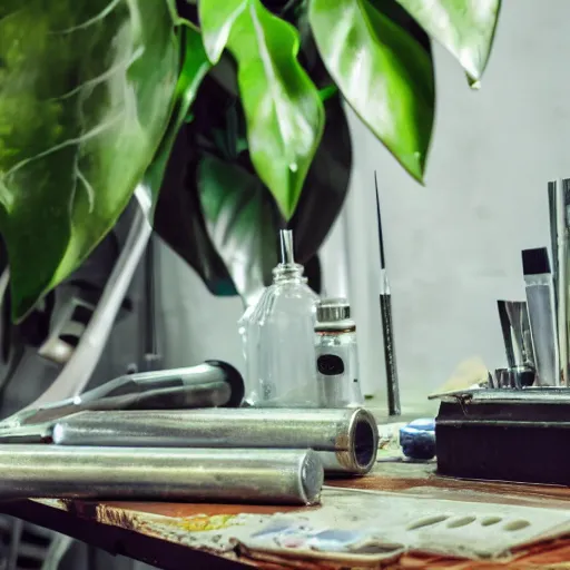 Image similar to A close-up shot of a metal table with laboratory tools and materials in an abandoned biopunk laboratory, plants everywhere, jungle themed, monstera, life, biological experiments,