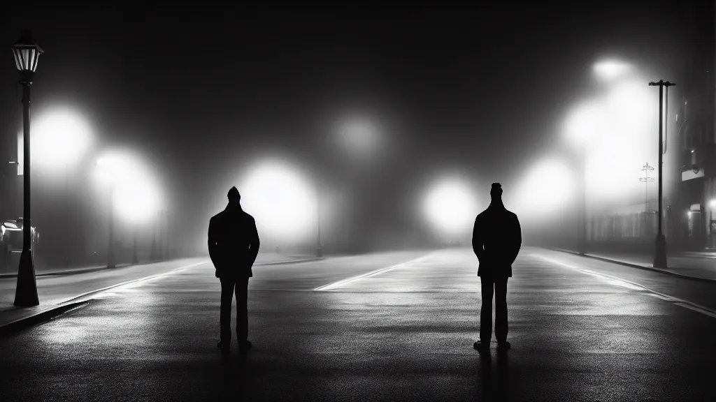 Prompt: a man is standing on the street under the lights, fog, volumetric lighting, mystique, atmospheric, sharp focus, ultra detailed, noir art house, 4 k, cinematic, 3 5 mm