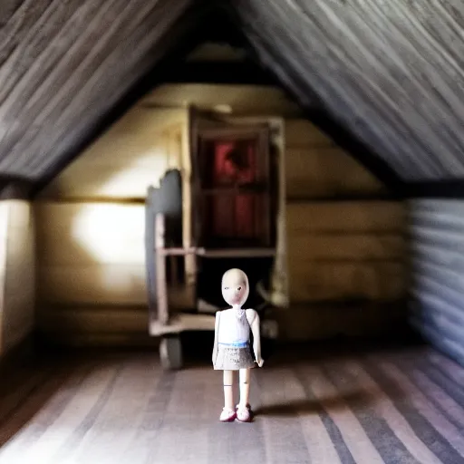 Prompt: dark attic with the man with a doll head