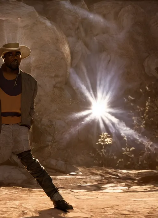 Image similar to Kanye West as willy wonka in fallout new vegas, splash art, movie still, cinematic lighting, dramatic, octane render, long lens, shallow depth of field, bokeh, anamorphic lens flare, 8k, hyper detailed, 35mm film grain