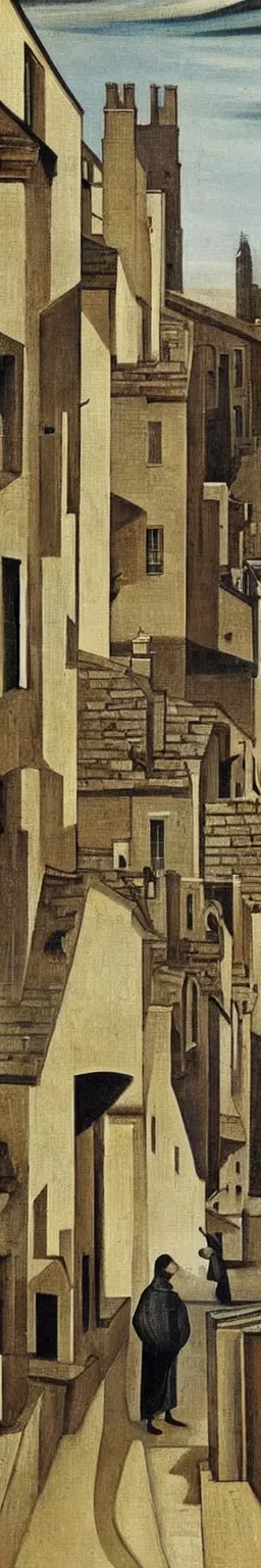 Image similar to a painting of street life in kirkwall, orkney, people,houses, by Giorgio de Chirico