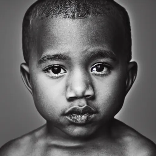 Prompt: the face of young kanye west wearing yeezy clothing at 3. 2 years old, black and white portrait by julia cameron, chiaroscuro lighting, shallow depth of field, 8 0 mm, f 1. 8