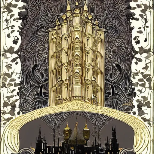 Image similar to a beautiful city made of ivory and gold, highly intricate, digital art, very detailed, in the style of a weird and dark eerie liminal art nouveau flemish painting