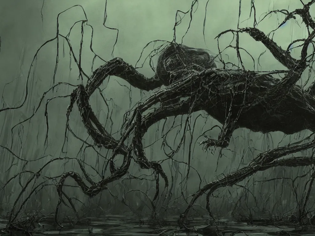 Prompt: Giant black spider climbing out of a swamp. Concept art. 4k. High detail. In the style of Lovecraft.