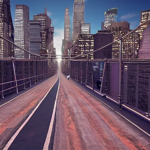 Image similar to The Beatles unreal engine 5 hanging off the Brooklyn Bridge 8k