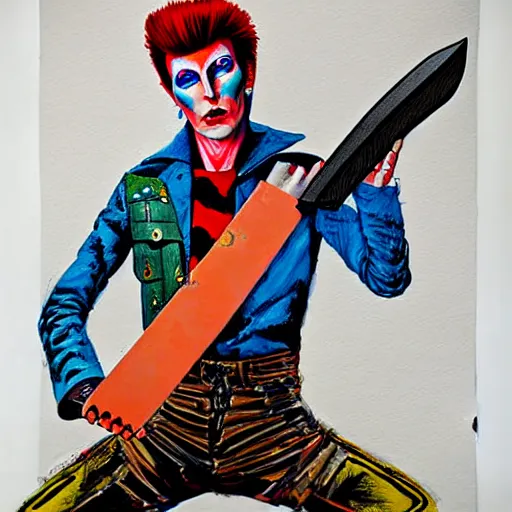 Image similar to Ziggy Stardust holding a Bowie knife, hand, james jean