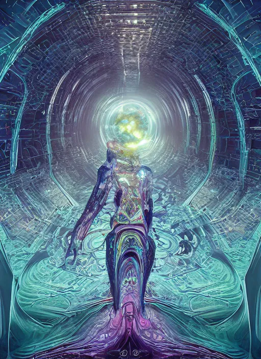 Image similar to the machine universe encounters a living cosmos inside an asymmetric orthogonal non - euclidean upside down inside out world with an infinite cosmic spiral waterfall of living information, inspired by android jones and blake foster, hyperrealistic, extreme detail, digital art, concept art, rendered in cinema 4 d, cryengine 8 k