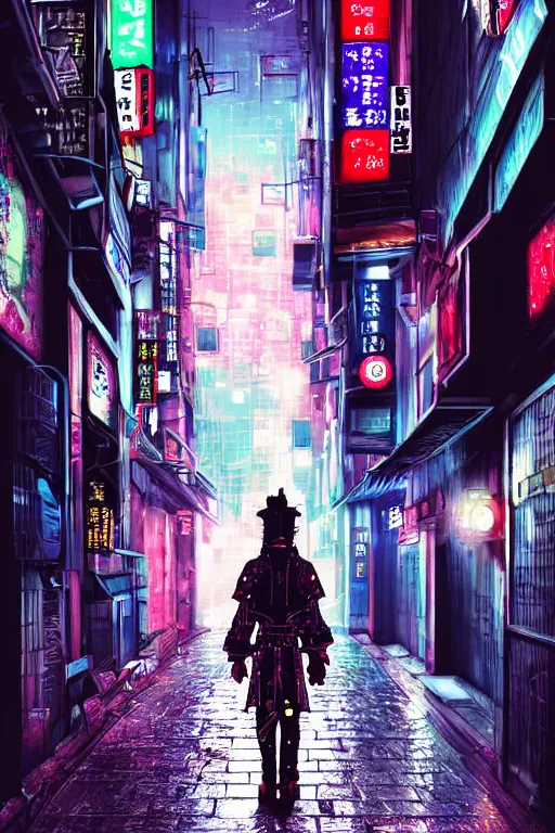 Image similar to a cyberpunk samurai in a raining cobblestone alleyway in tokyo, neon lights, full moon, fog cinematic anime art by one