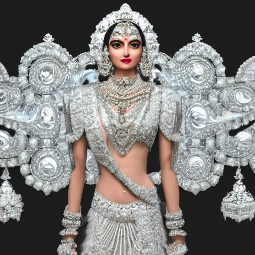 Image similar to portrait of wonderful hindi princess of white diamonds with fair skin, white flowers, ornate with white diamonds, 8 k, gorgeous, intricate, detailed, glowing white accent lighting, dramatic lighting, octane render