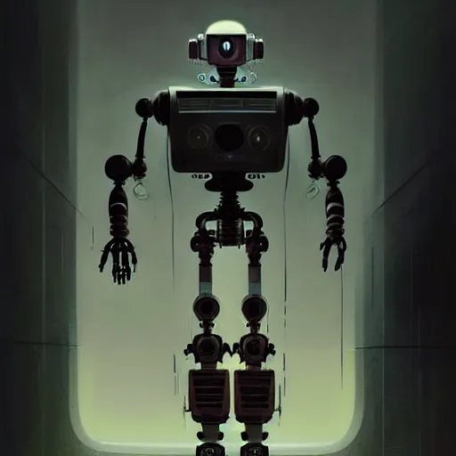 Image similar to detailed concept art of a diesel punk robot in an empty room in a muted color palette, trending on artstation, award - winning video game concept art by jim burns and greg rutkowski, beksinski, a sci - fi concept art masterpiece, james gilleard, bruegel, alphonse mucha, and yoshitaka amano.