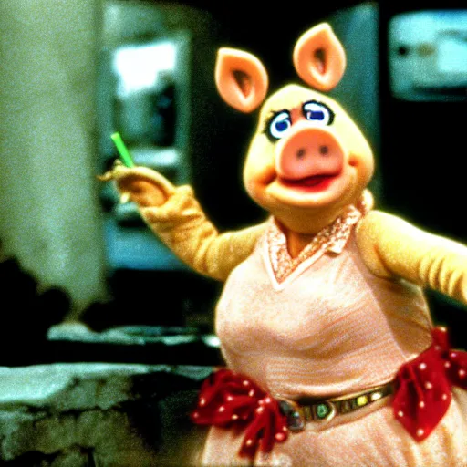 Prompt: movie still of miss piggy in the jurassic park 1 9 9 3 movie