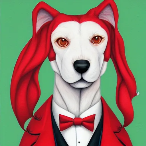 Image similar to portrait illustration of funny dog in the white tuxedo and red tie by jeremiah ketner, quint buchholz, wlop, dan mumford