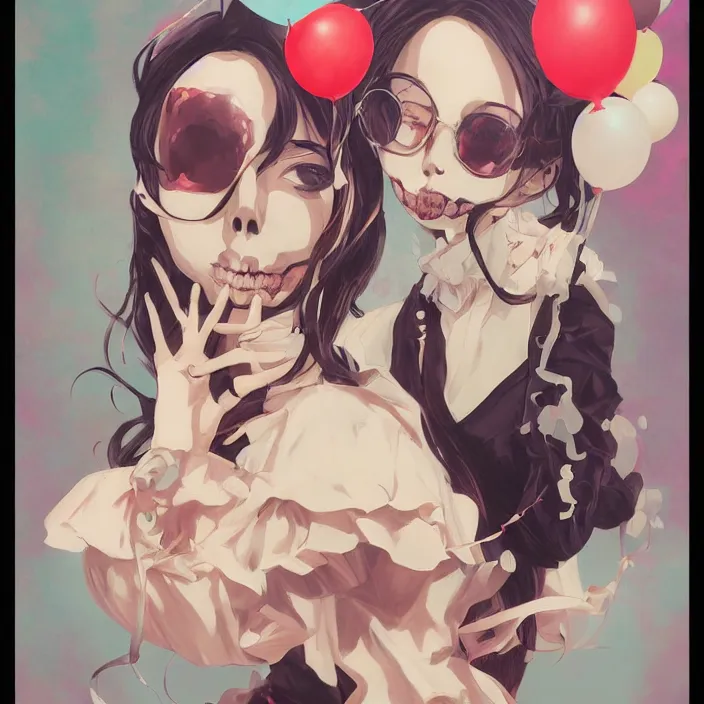 Image similar to anime skull portrait woman, balloons, mucha, hard shadows and strong rim light, art by jc leyendecker and atey ghailan and sachin teng