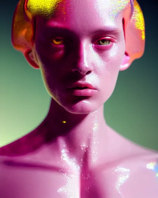 Image similar to hyperrealist highly intricate post-gothic portrait pink pearlescent exoskeleton beautiful goddess concept art pascal blanche key sage dramatic yellow lighting 8k high angle shallow depth of field