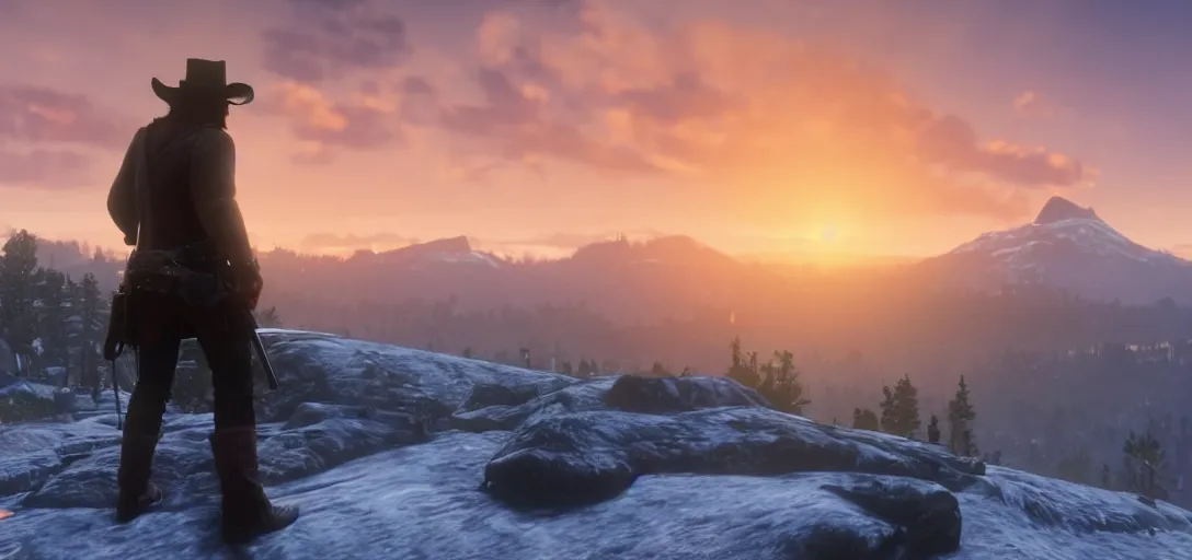 Image similar to Arthur Morgan from Red Dead Redemption 2 sitting at the top of a rocky mountain looking at a beautiful sunrise in the distance