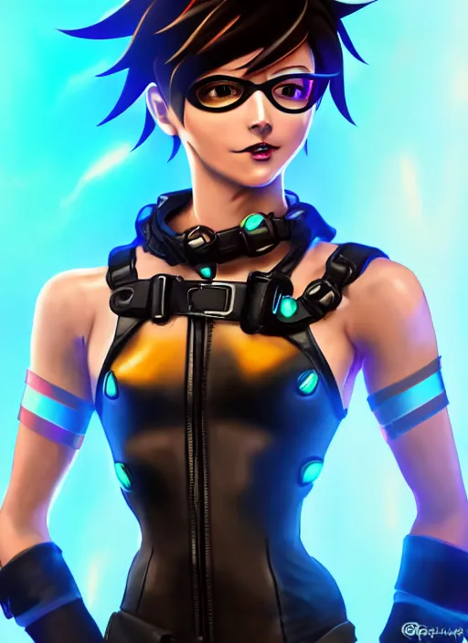 Image similar to full body digital artwork of tracer overwatch, wearing black iridescent rainbow latex tank top, 4 k, expressive happy smug expression, makeup, in style of mark arian, wearing detailed black leather collar, wearing chains, black leather harness, leather cuffs around wrists, detailed face and eyes,